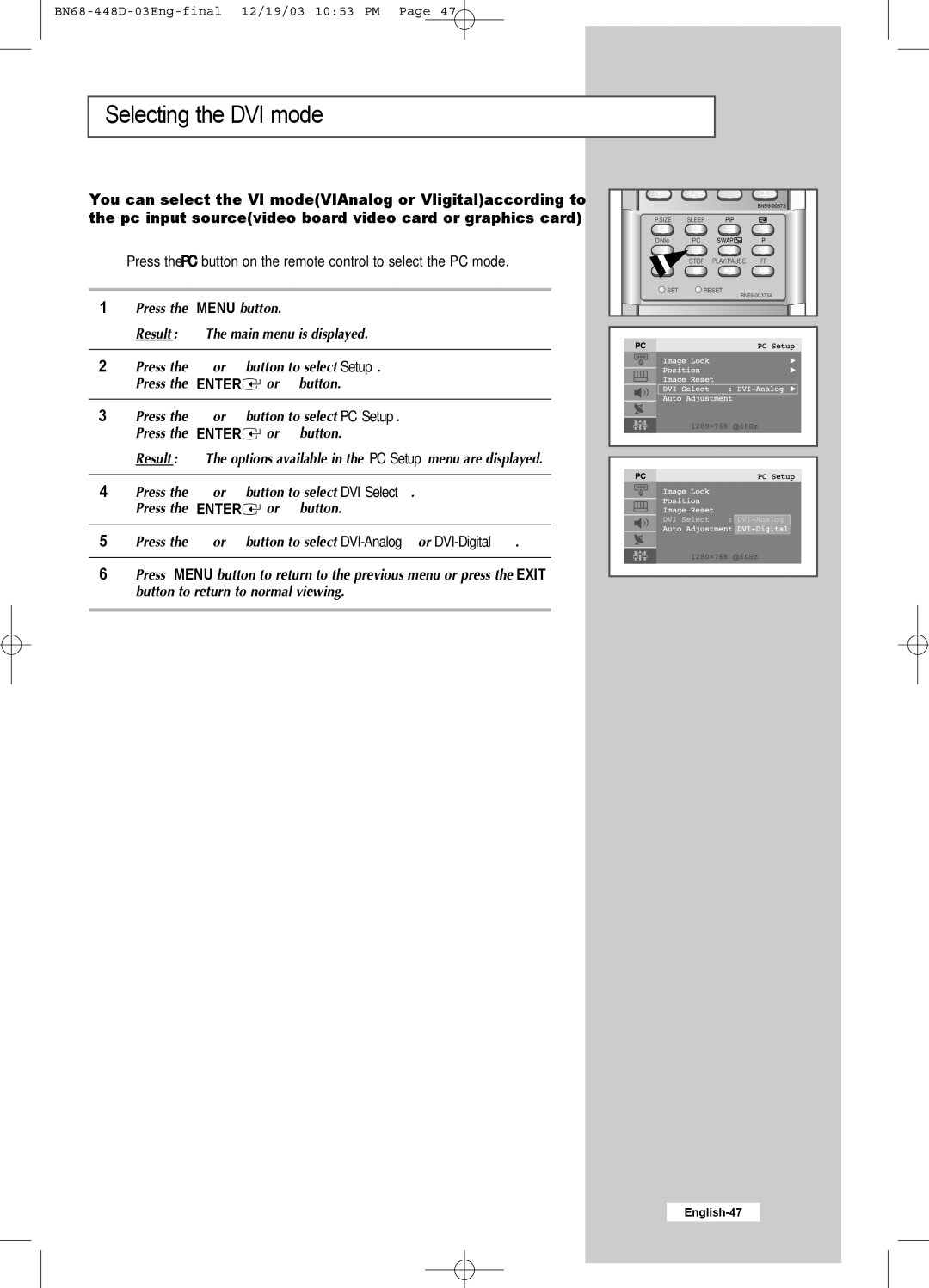 Samsung LW30A23W manual Selecting the DVI mode 