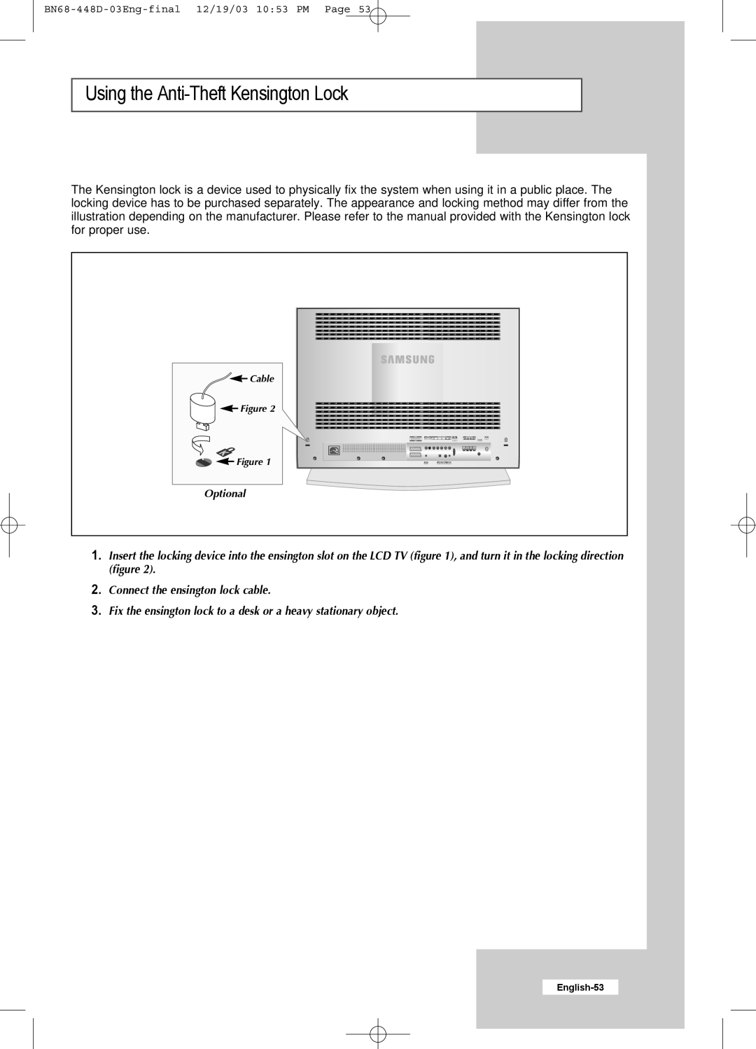 Samsung LW30A23W manual Using the Anti-Theft Kensington Lock 