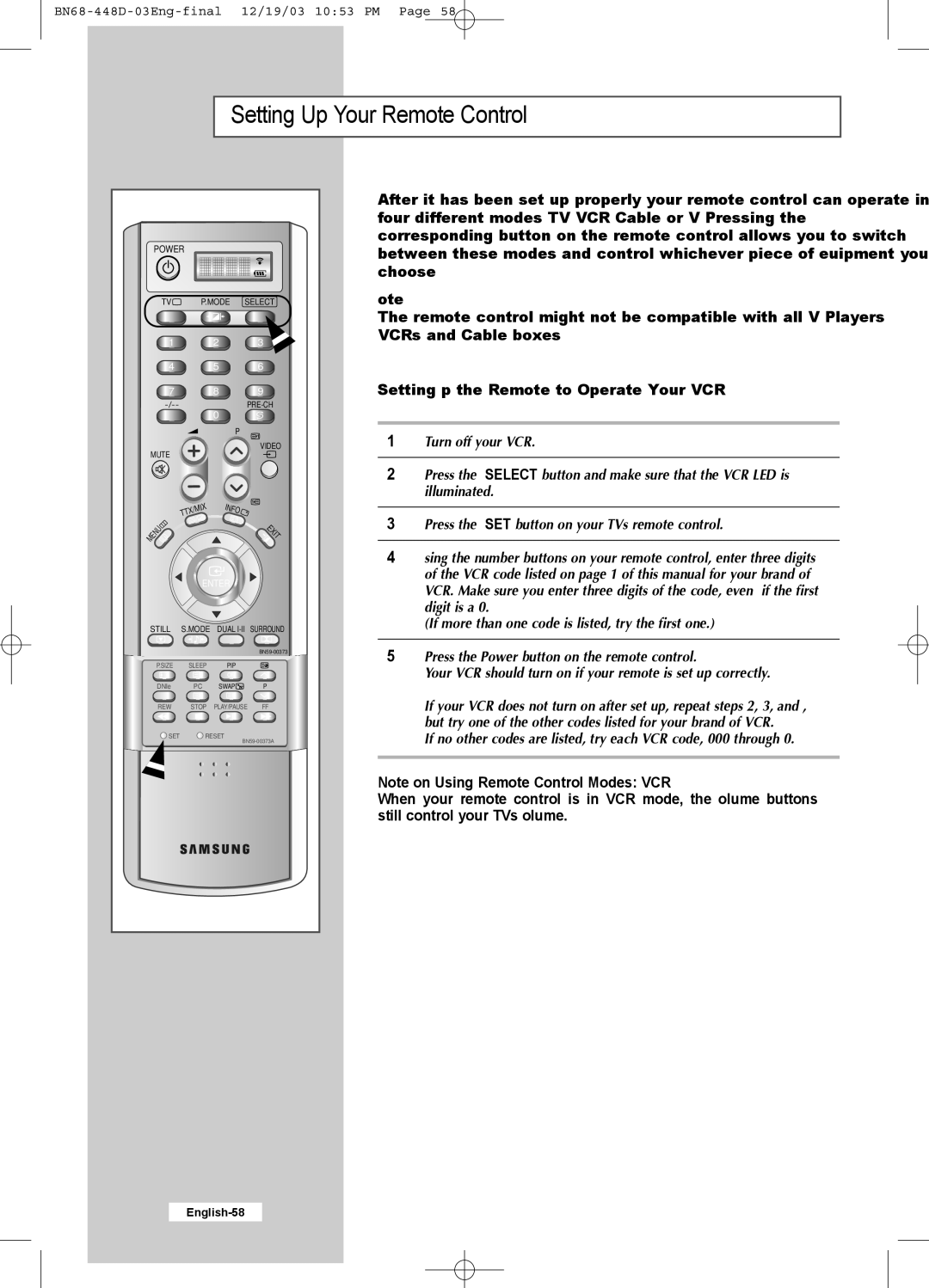 Samsung LW30A23W manual Setting Up Your Remote Control 