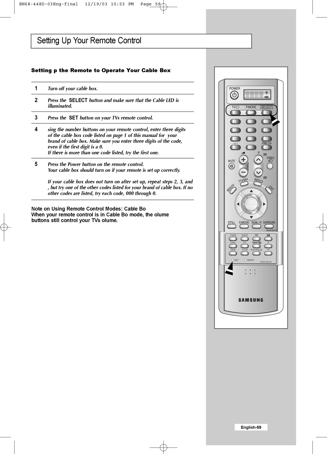 Samsung LW30A23W manual Setting Up the Remote to Operate Your Cable Box 