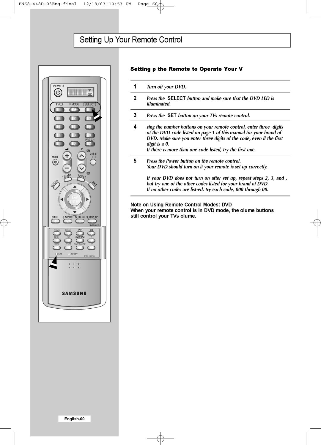 Samsung LW30A23W manual Setting Up the Remote to Operate Your DVD 