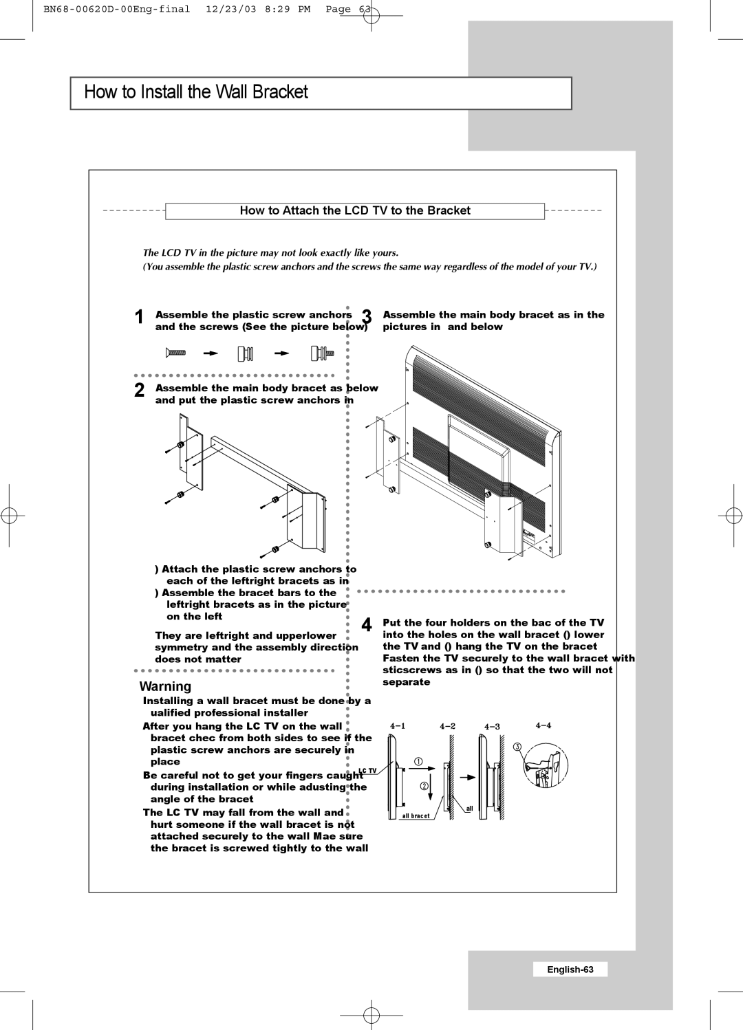 Samsung LW30A23W manual How to Attach the LCD TV to the Bracket 