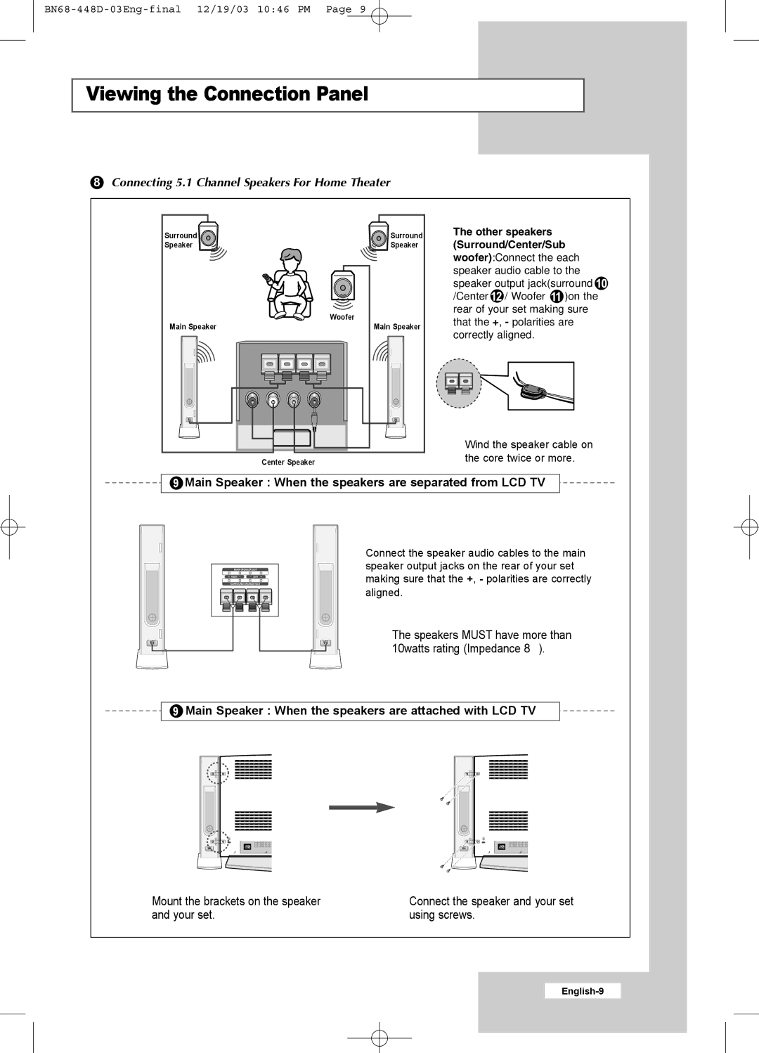 Samsung LW30A23W Connecting 5.1 Channel Speakers For Home Theater, Main Speaker When the speakers are attached with LCD TV 