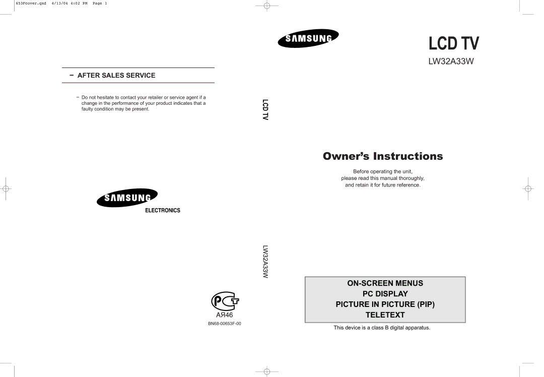 Samsung LW32A33W manual Lcd Tv 