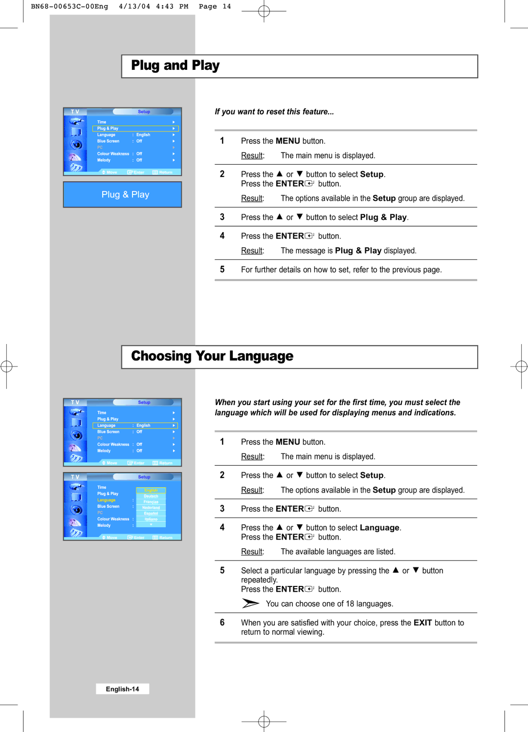 Samsung LW32A33W manual Choosing Your Language, If you want to reset this feature 