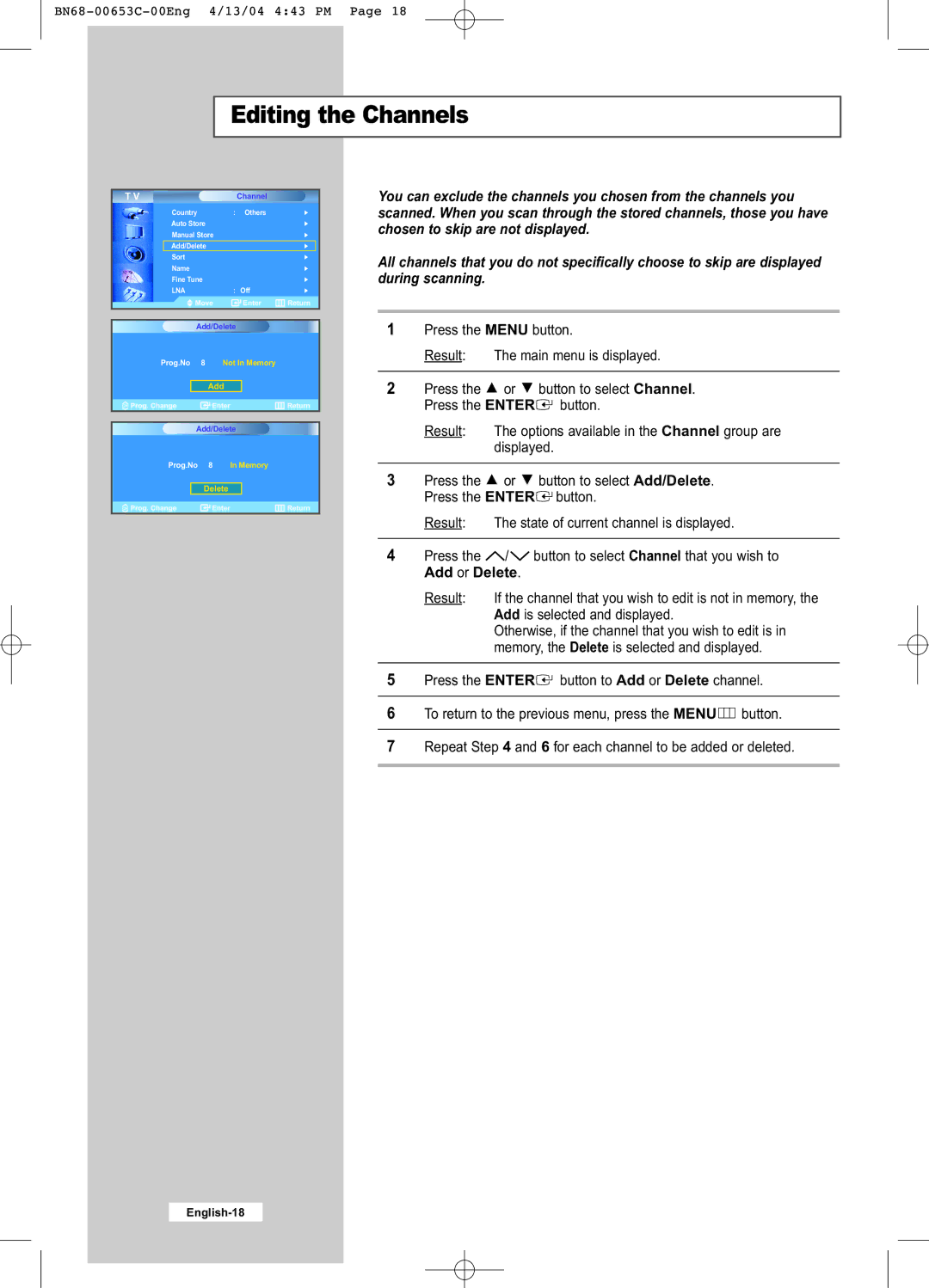 Samsung LW32A33W manual Editing the Channels 