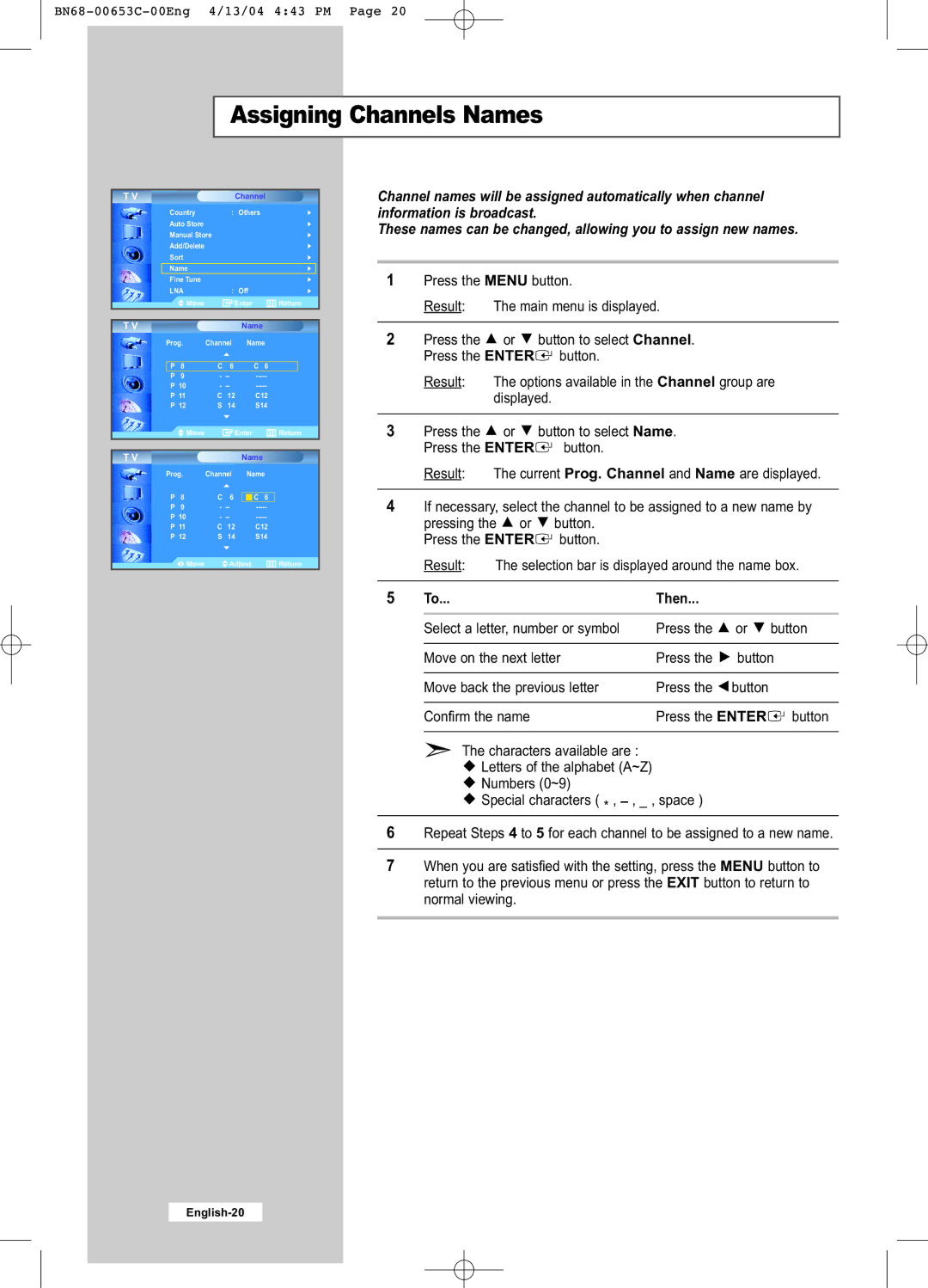 Samsung LW32A33W manual Assigning Channels Names, Then 