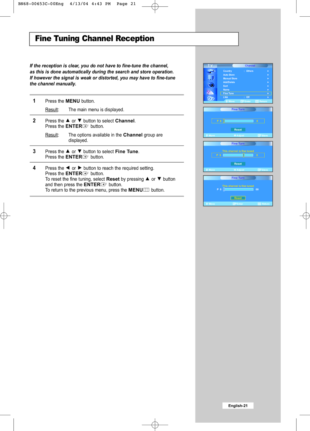 Samsung LW32A33W manual Fine Tuning Channel Reception 