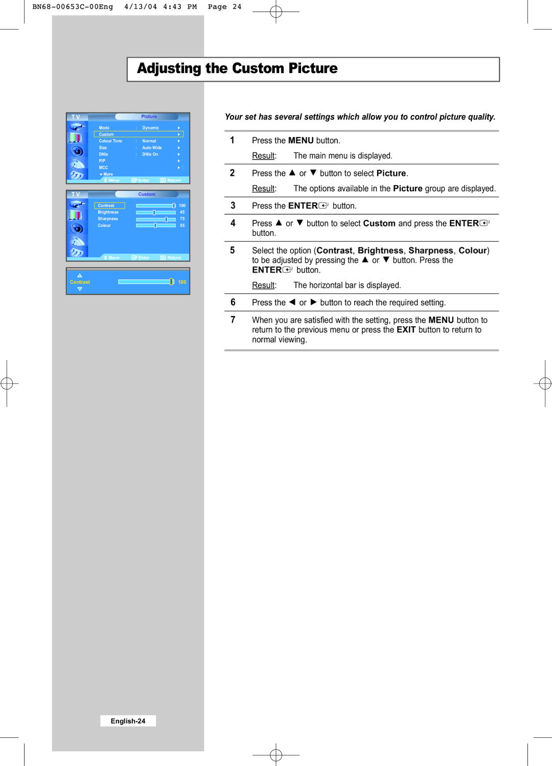 Samsung LW32A33W manual Adjusting the Custom Picture 