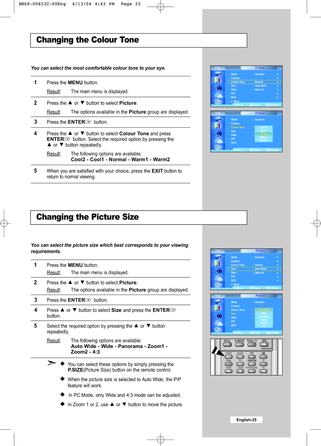 Samsung LW32A33W manual Changing the Colour Tone, Changing the Picture Size, Cool2 Cool1 Normal Warm1 Warm2 