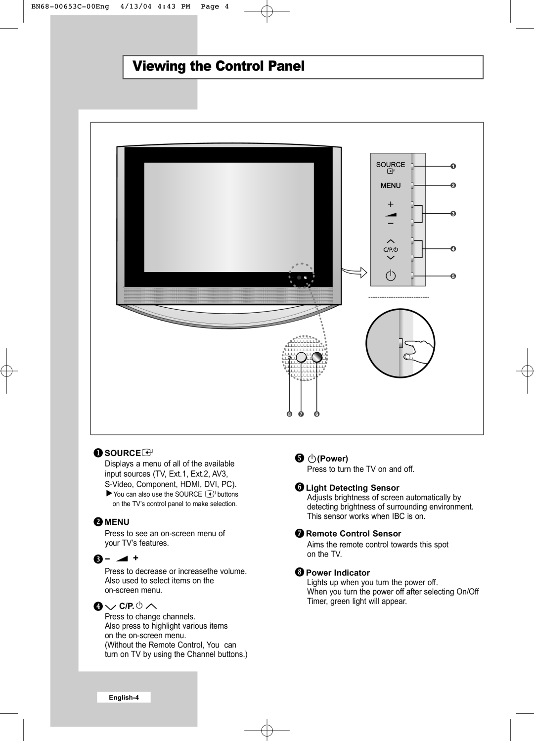 Samsung LW32A33W manual Viewing the Control Panel, Source, Menu 