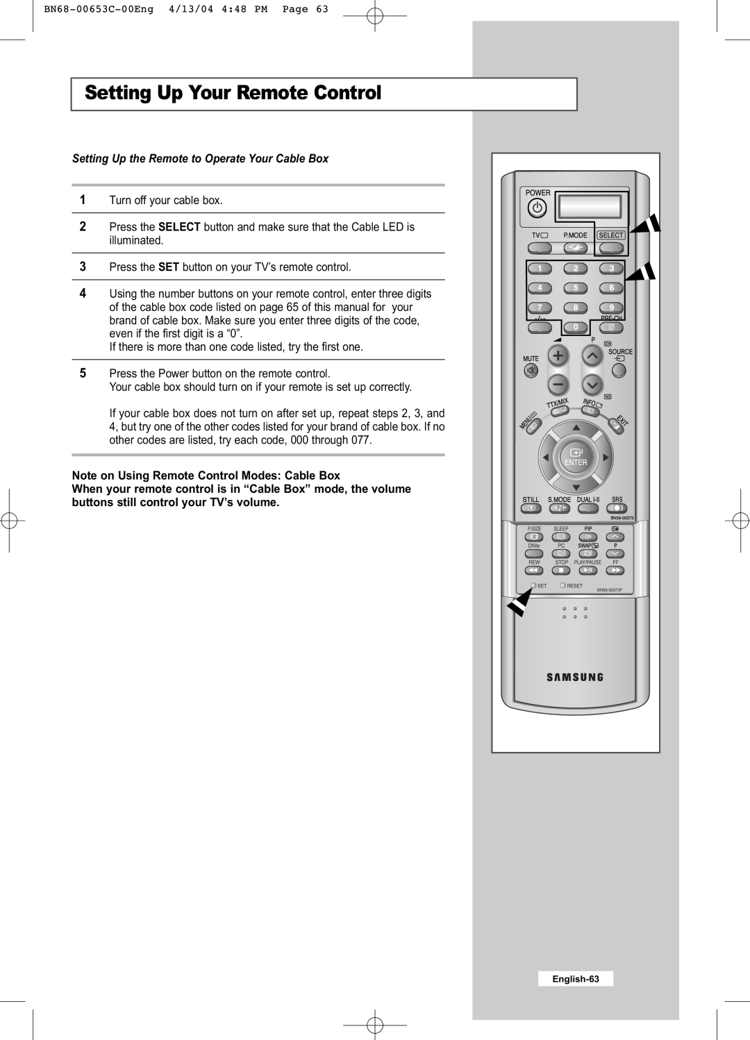 Samsung LW32A33W manual Setting Up the Remote to Operate Your Cable Box 