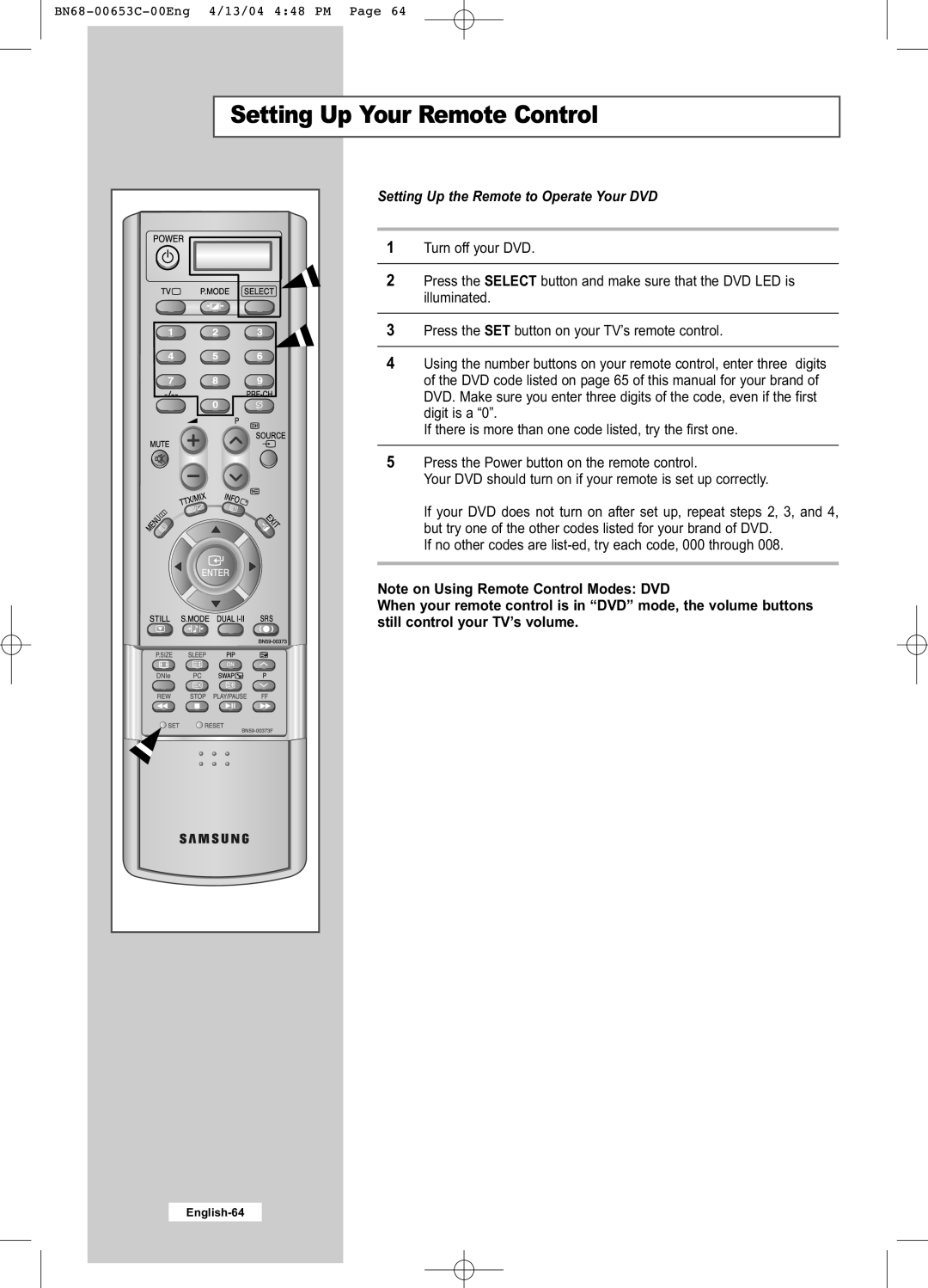 Samsung LW32A33W manual Setting Up the Remote to Operate Your DVD 