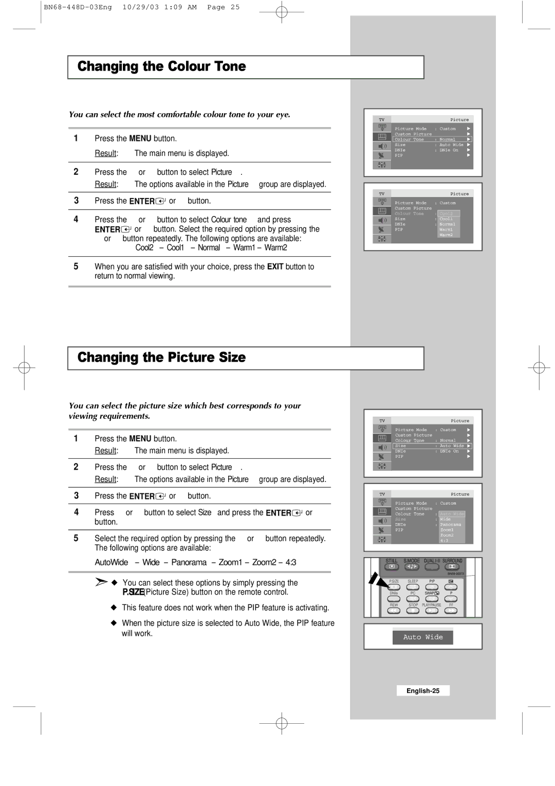 Samsung LW32A23W, LW40A23W manual Changing the Colour Tone, Changing the Picture Size 