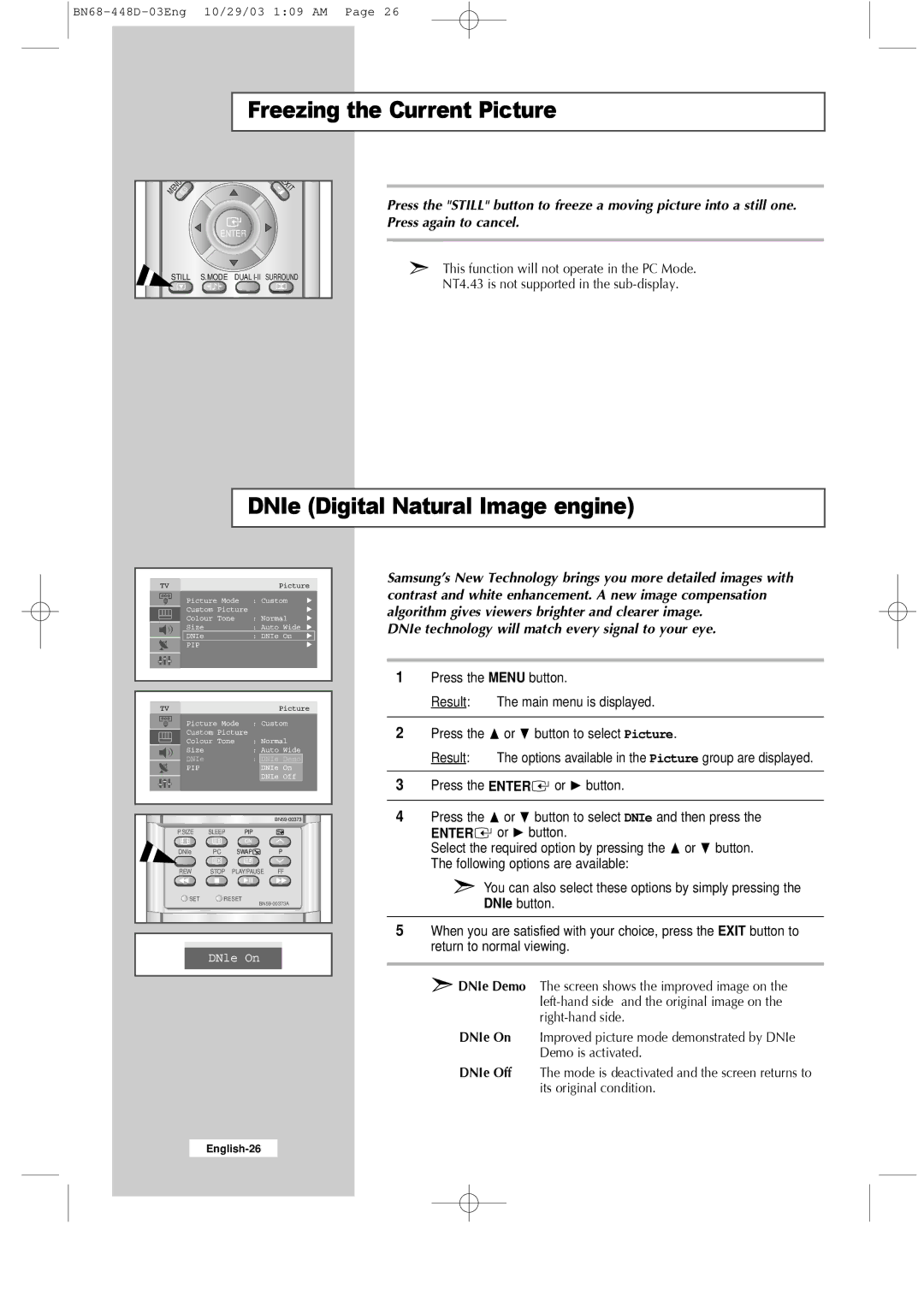 Samsung LW40A23W, LW32A23W manual Freezing the Current Picture, DNIe Digital Natural Image engine 