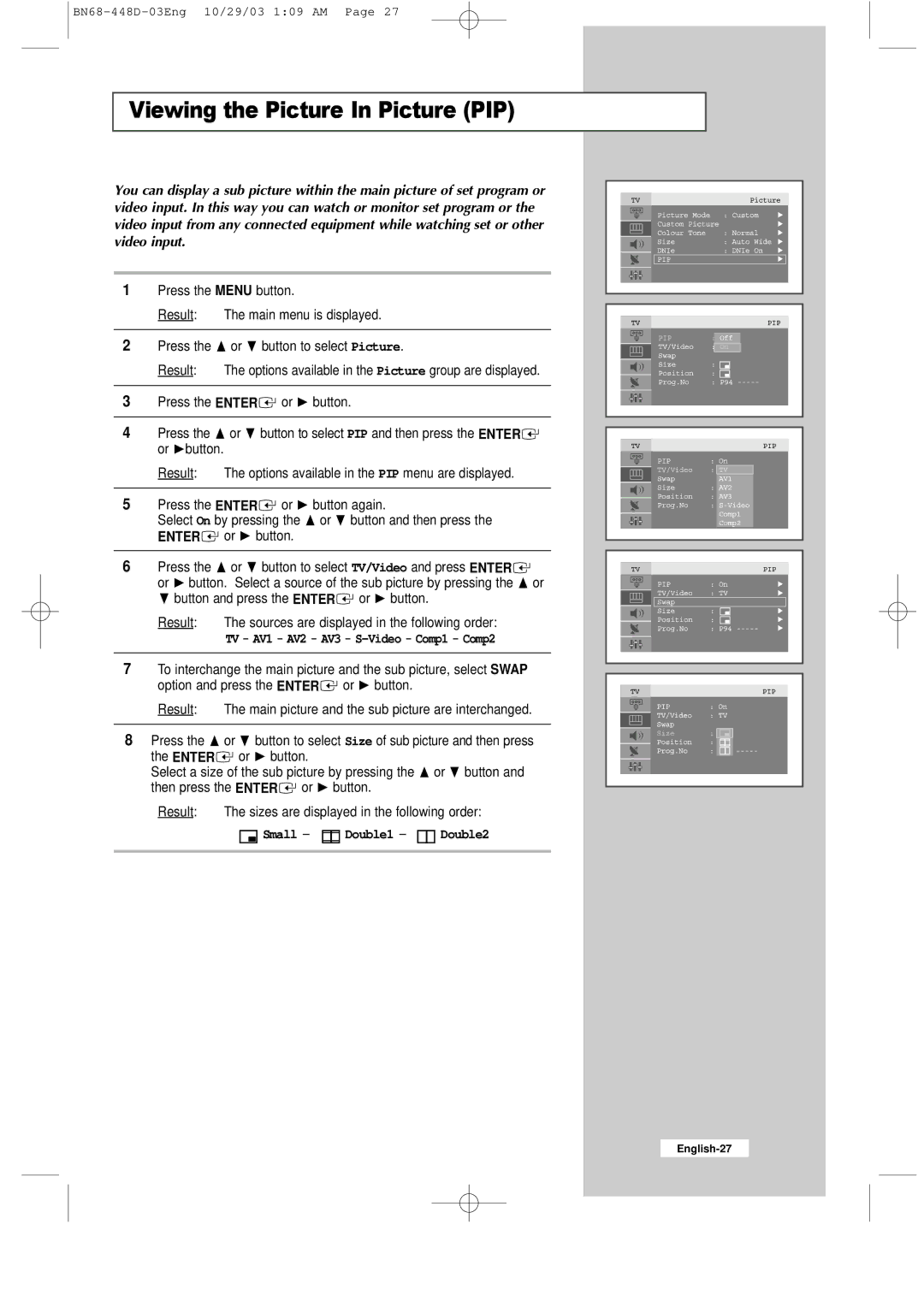 Samsung LW32A23W, LW40A23W manual Viewing the Picture In Picture PIP, Enter 