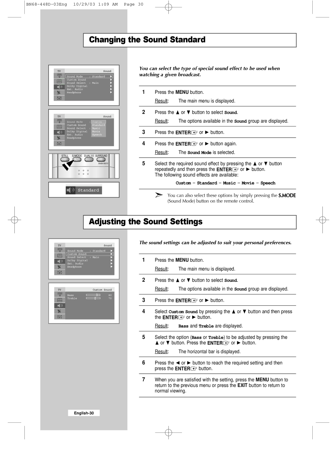 Samsung LW40A23W, LW32A23W manual Changing the Sound Standard, Adjusting the Sound Settings 