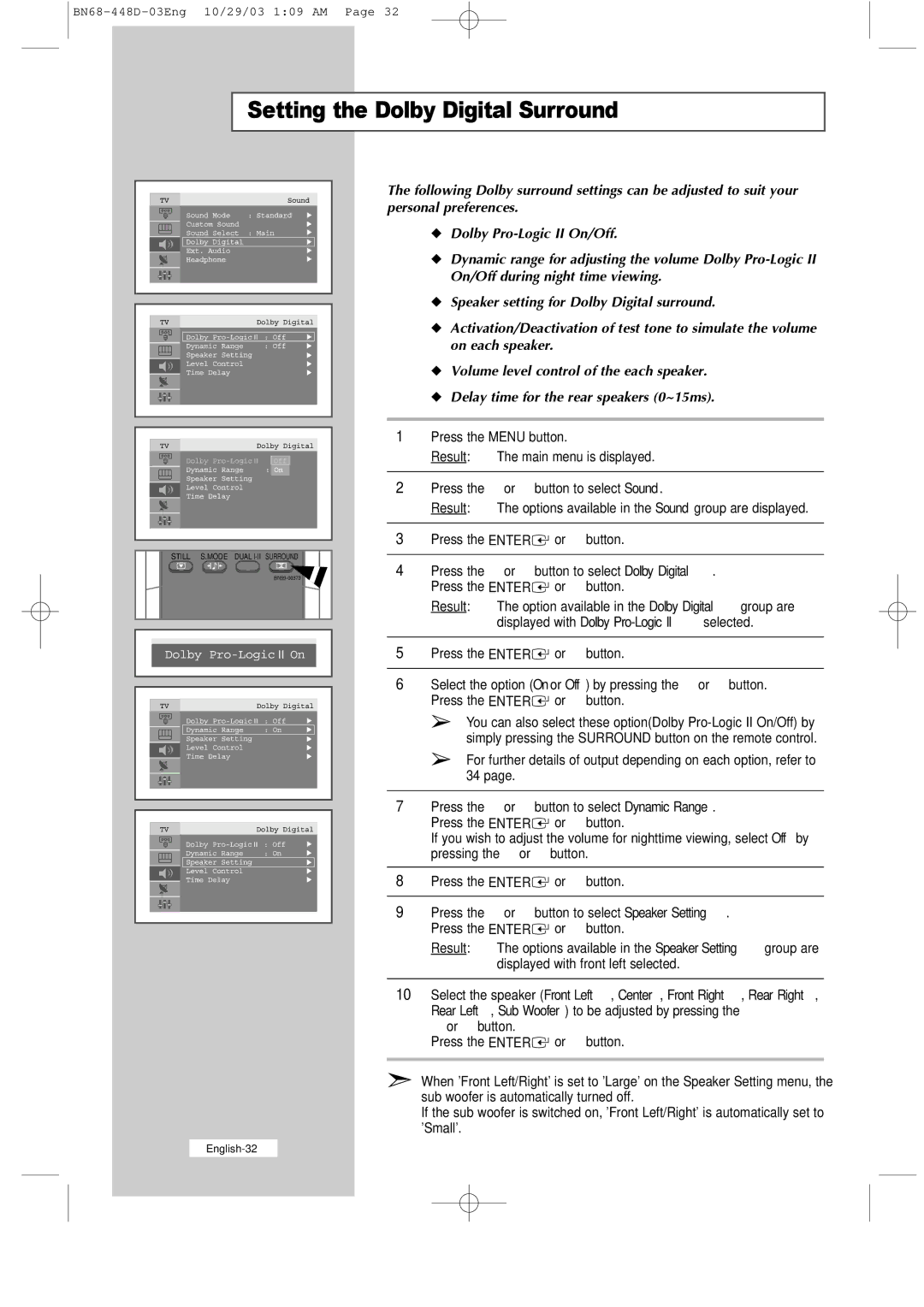 Samsung LW40A23W, LW32A23W manual Setting the Dolby Digital Surround 