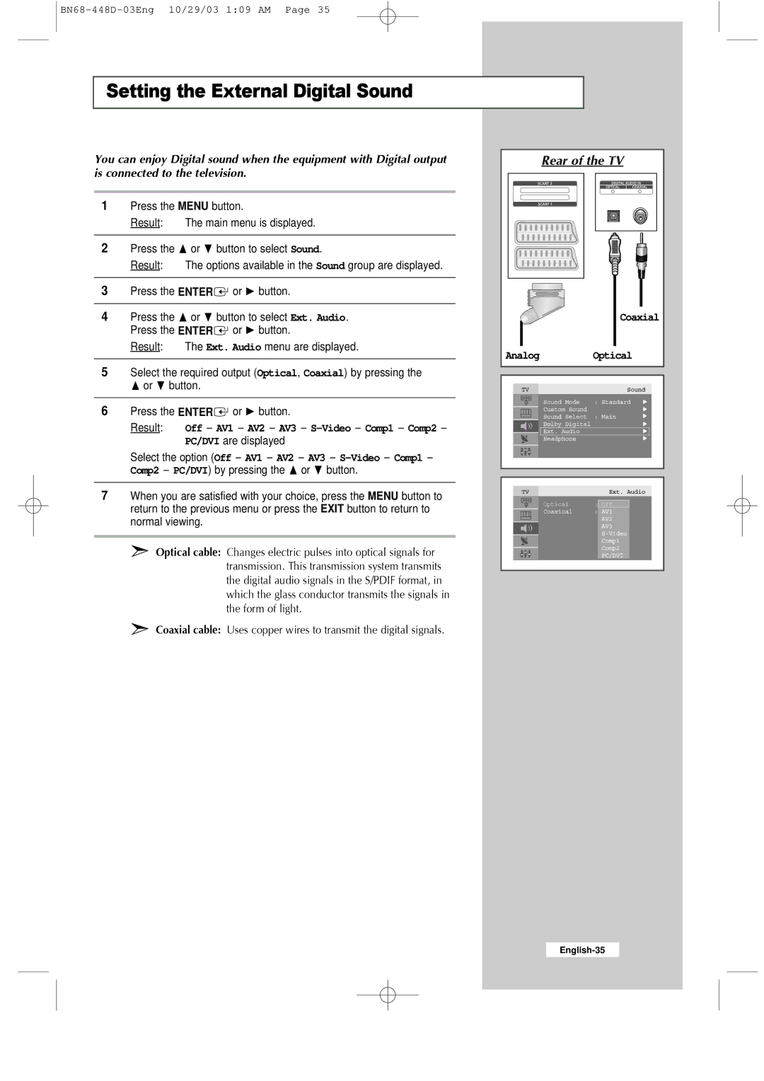 Samsung LW32A23W, LW40A23W manual Setting the External Digital Sound, Result Off AV1 AV2 AV3 S-Video Comp1 Comp2 