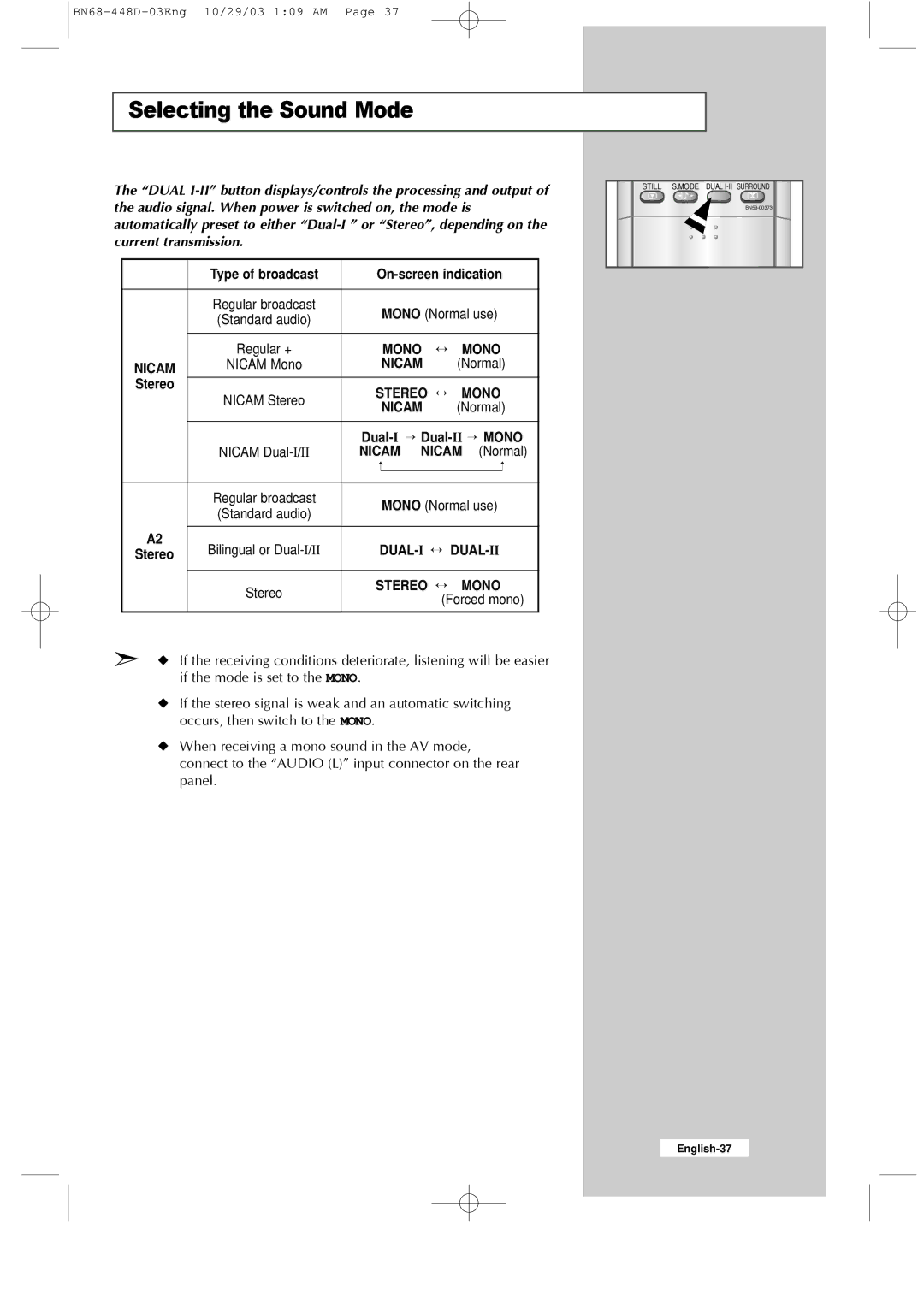 Samsung LW32A23W Selecting the Sound Mode, Type of broadcast On-screen indication, Stereo, Nicam Nicam Normal, Dual- I ↔ 