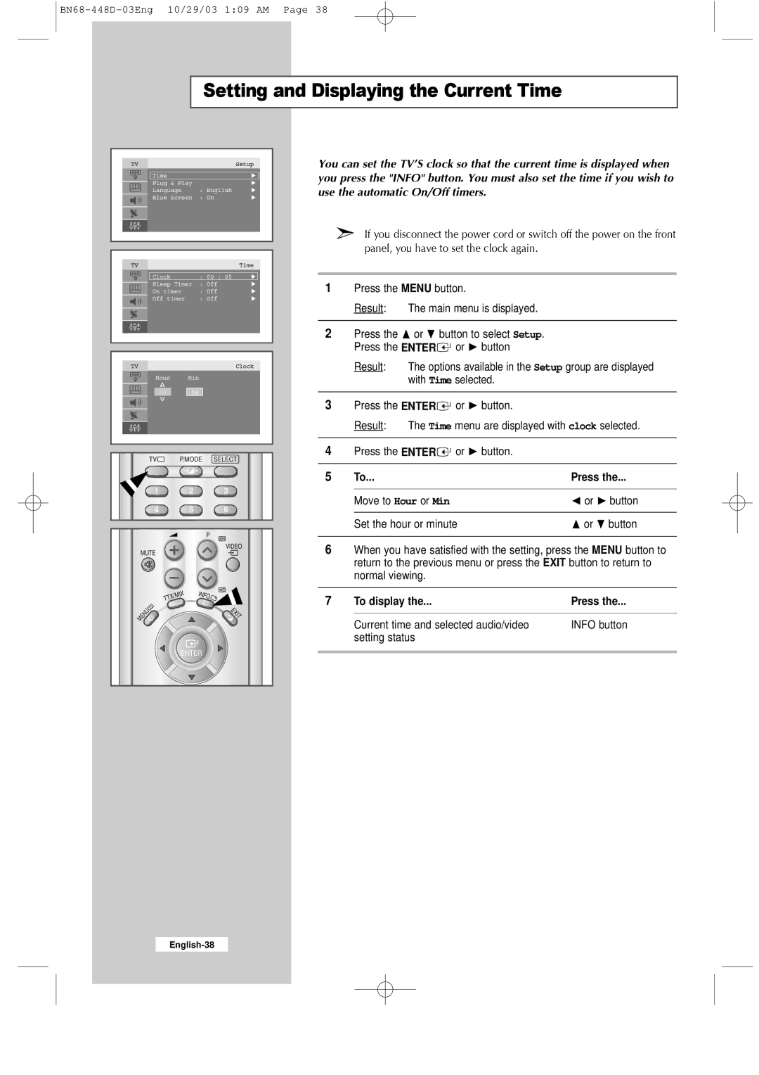 Samsung LW40A23W, LW32A23W manual Setting and Displaying the Current Time, To display Press 