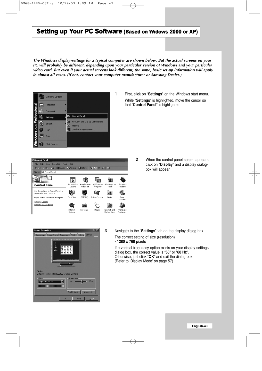 Samsung LW32A23W, LW40A23W manual Setting up Your PC Software Based on Widows 2000 or XP, 1280 x 768 pixels 