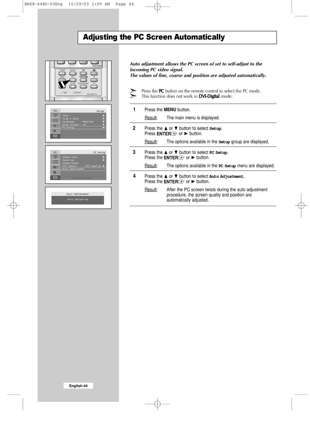 Samsung LW40A23W, LW32A23W manual Adjusting the PC Screen Automatically 