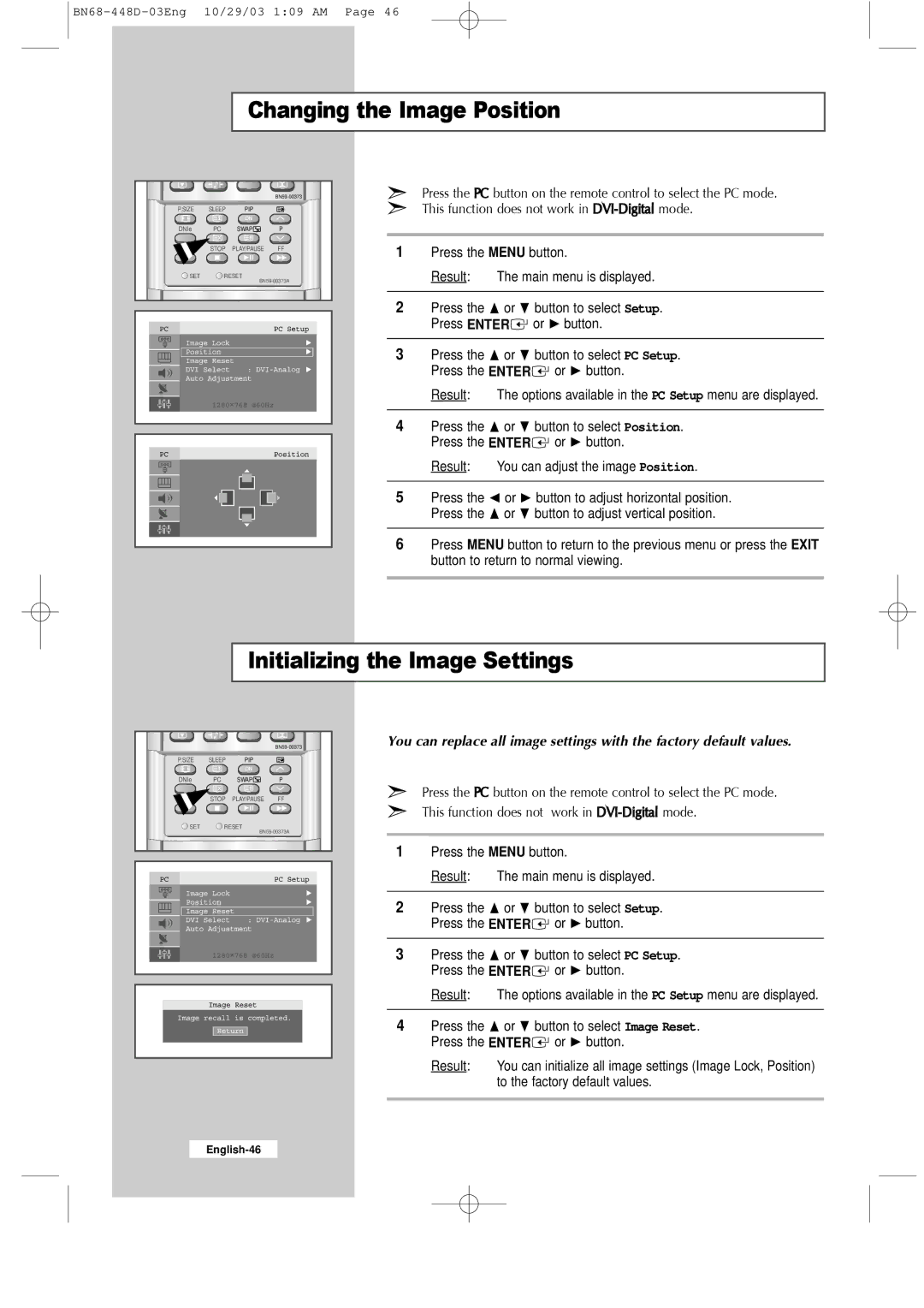 Samsung LW40A23W, LW32A23W manual Changing the Image Position, Initializing the Image Settings 