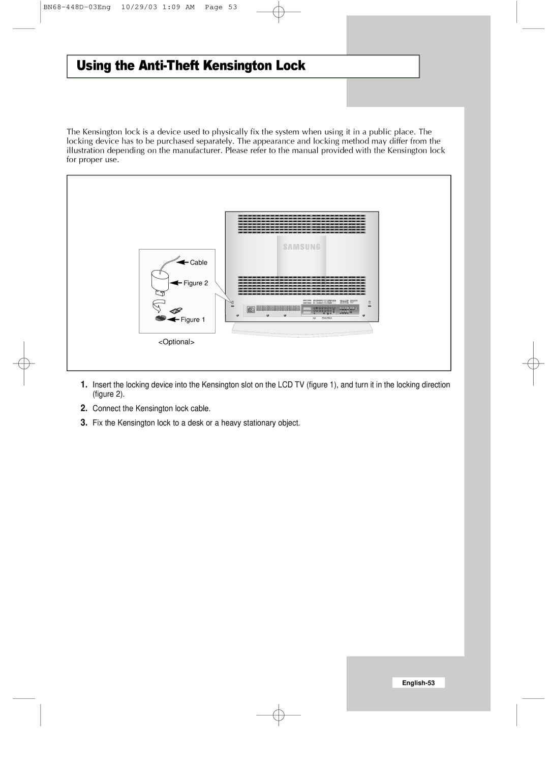 Samsung LW32A23W, LW40A23W manual Using the Anti-Theft Kensington Lock 