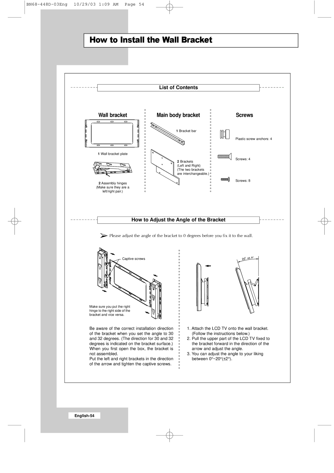 Samsung LW40A23W How to Install the Wall Bracket, List of Contents Wall bracket, How to Adjust the Angle of the Bracket 