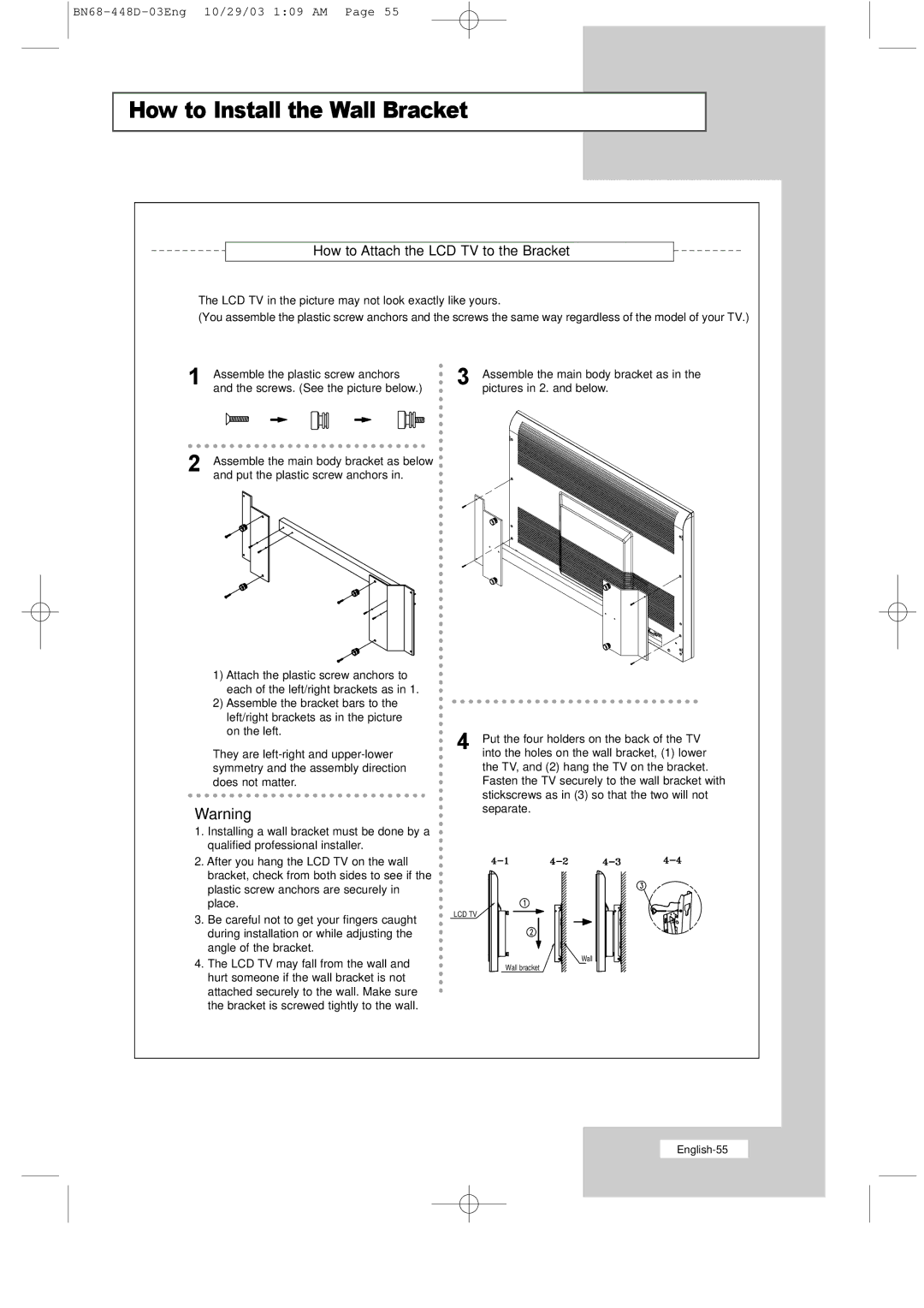 Samsung LW32A23W, LW40A23W manual How to Attach the LCD TV to the Bracket 