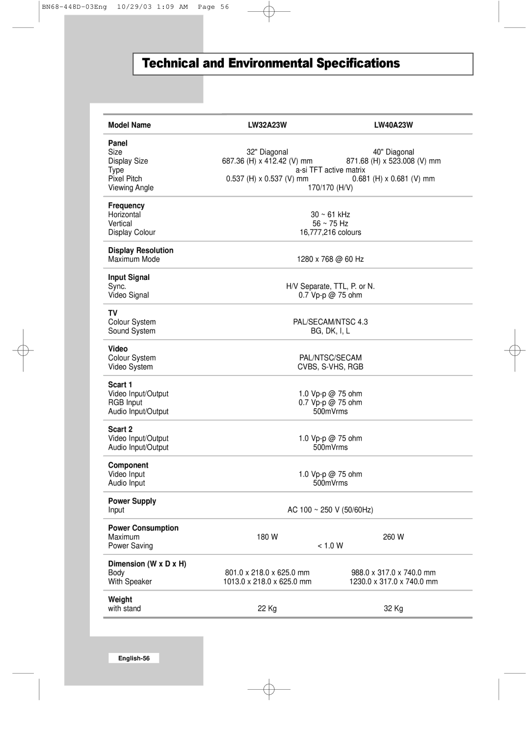 Samsung LW40A23W, LW32A23W manual Technical and Environmental Specifications 