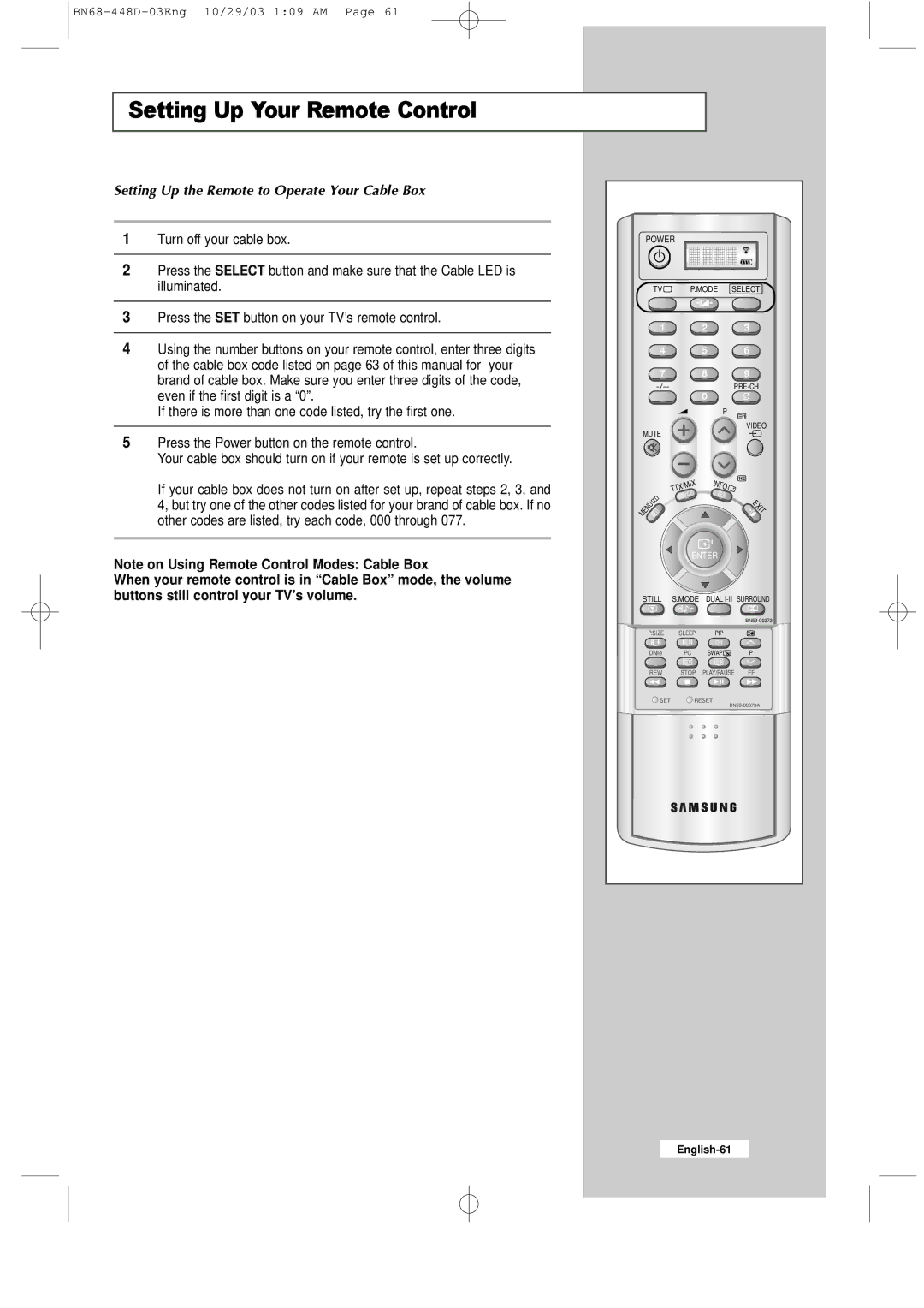 Samsung LW32A23W, LW40A23W manual Setting Up the Remote to Operate Your Cable Box 