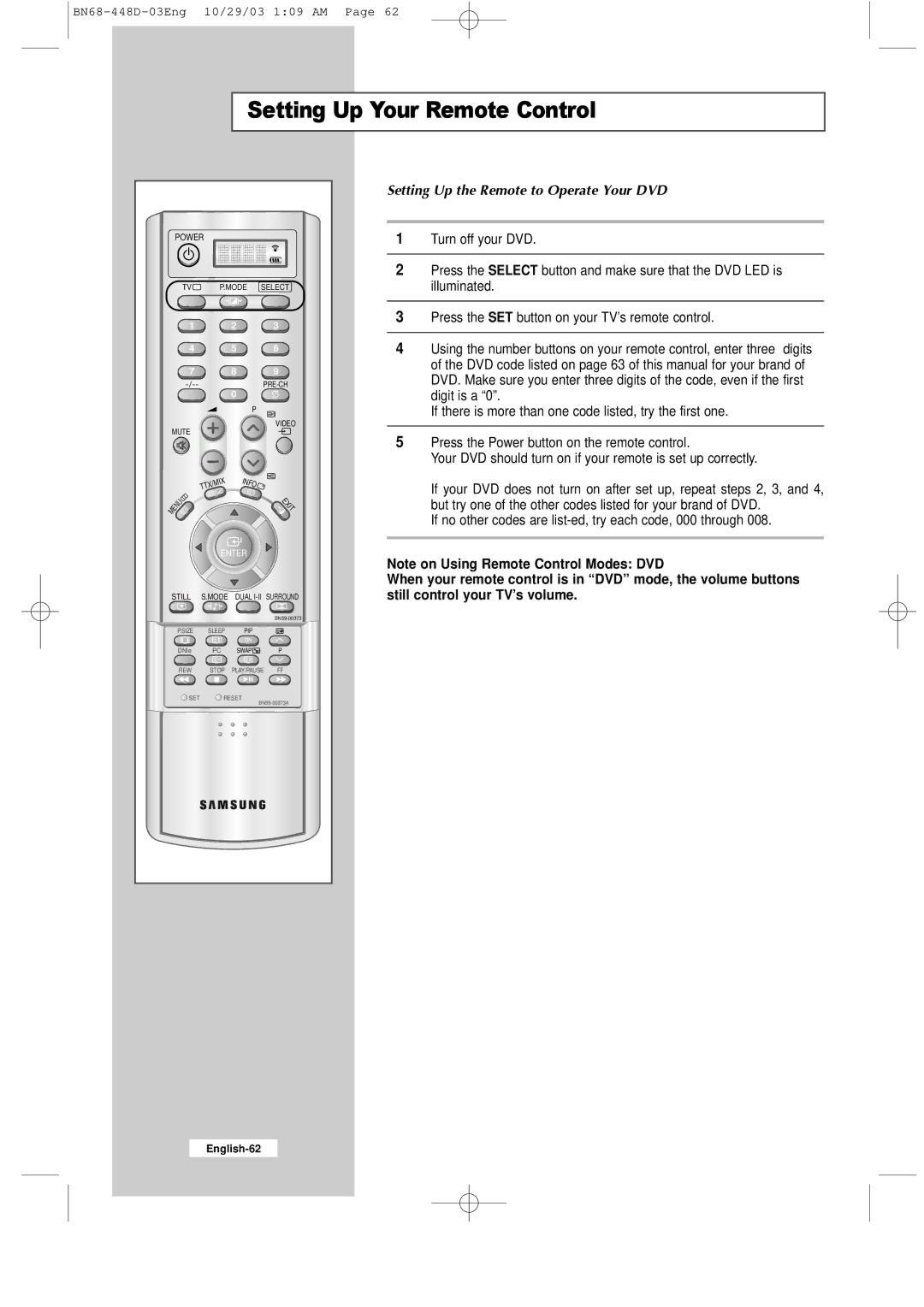 Samsung LW40A23W, LW32A23W manual Setting Up the Remote to Operate Your DVD 