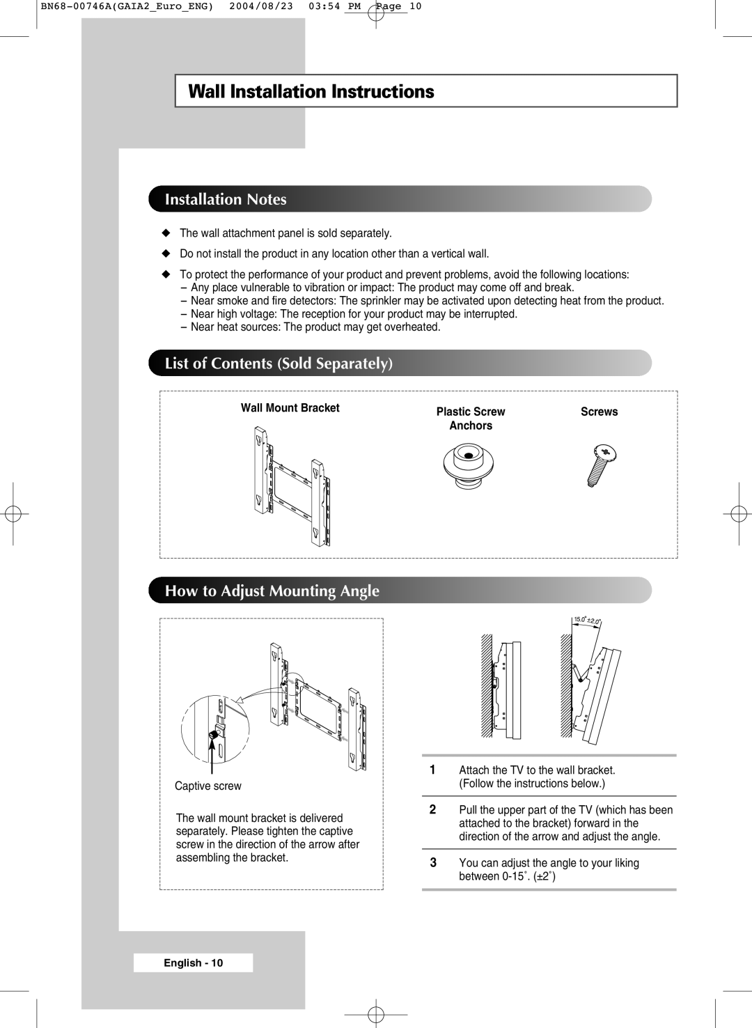 Samsung LW46G15W manual Wall Installation Instructions, Wall Mount Bracket 