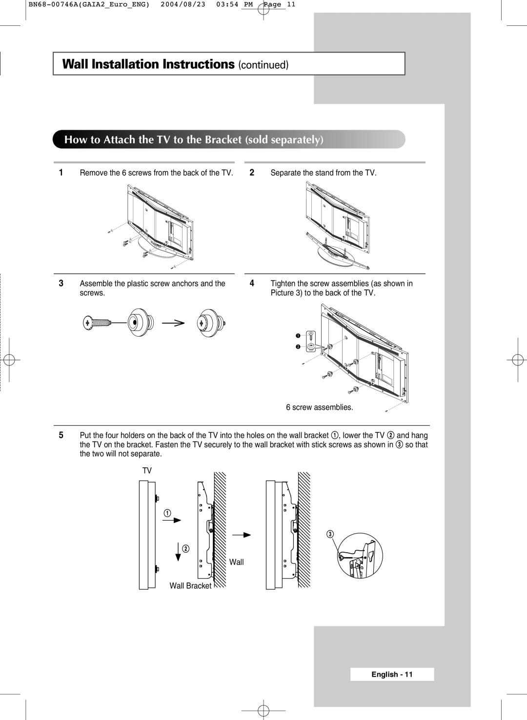 Samsung LW46G15W manual How to Attach the TV to the Bracket sold separately 