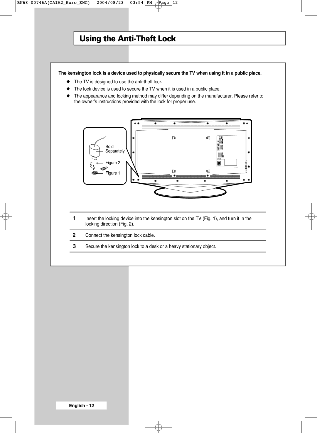 Samsung LW46G15W manual Using the Anti-Theft Lock 