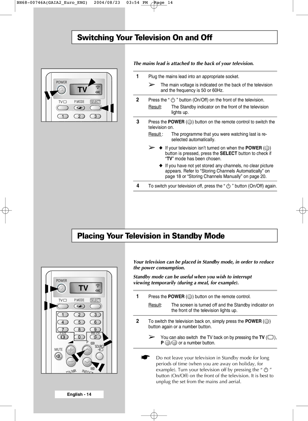 Samsung LW46G15W manual Switching Your Television On and Off, Placing Your Television in Standby Mode 