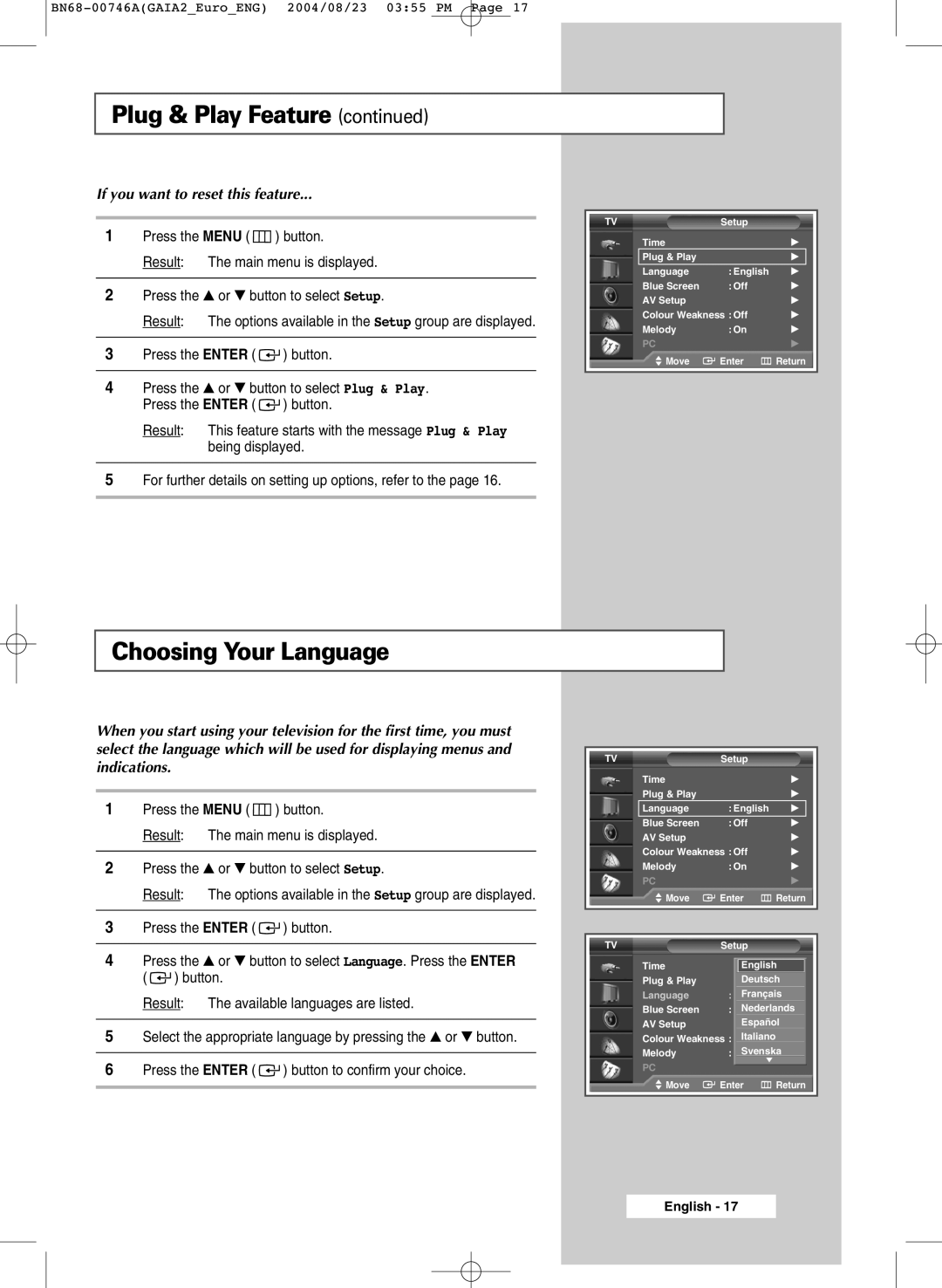 Samsung LW46G15W manual Choosing Your Language, If you want to reset this feature 