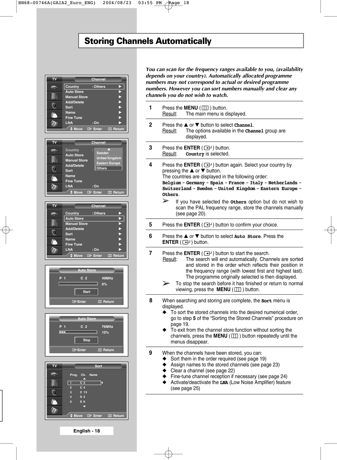 Samsung LW46G15W manual Storing Channels Automatically, Lna 