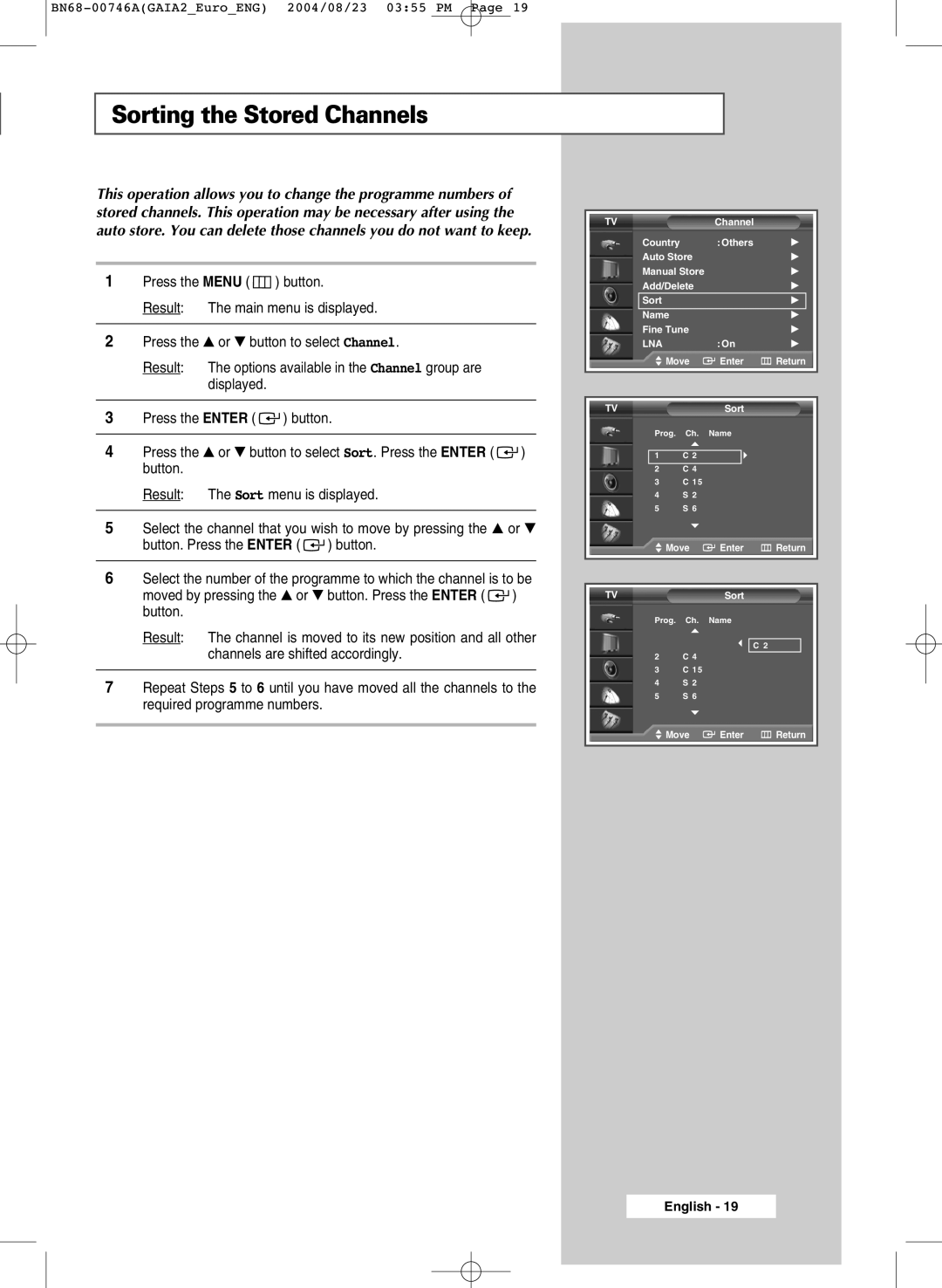 Samsung LW46G15W manual Sorting the Stored Channels 