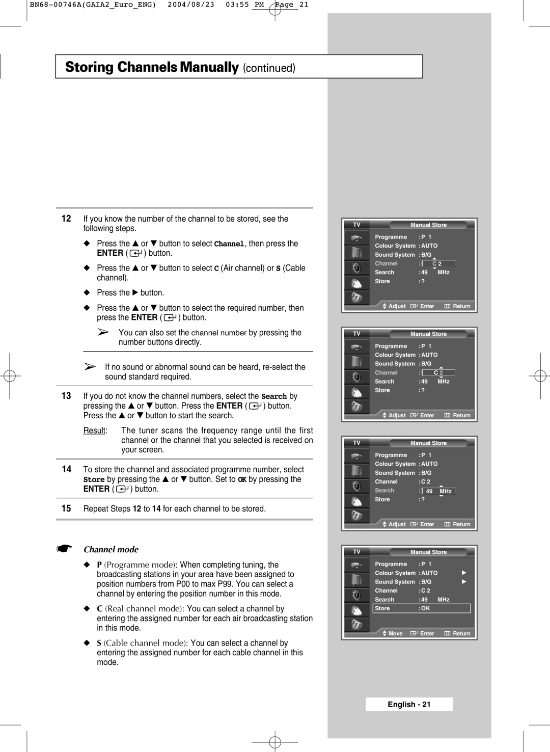 Samsung LW46G15W manual Channel mode 