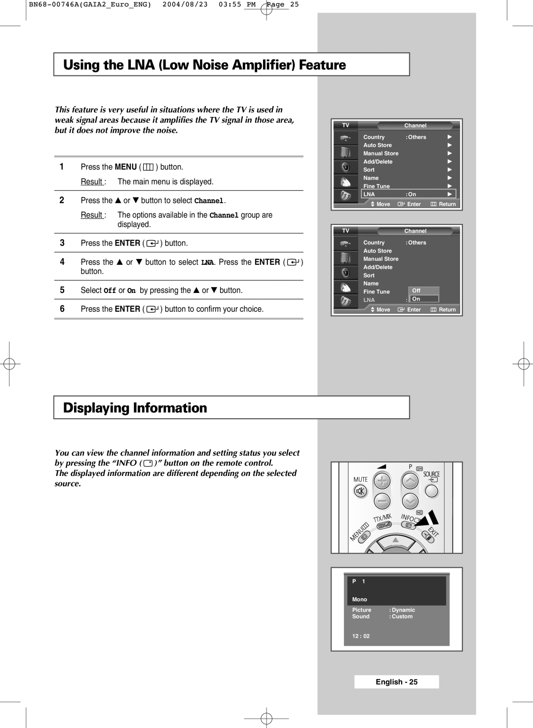 Samsung LW46G15W manual Using the LNA Low Noise Amplifier Feature, Displaying Information 