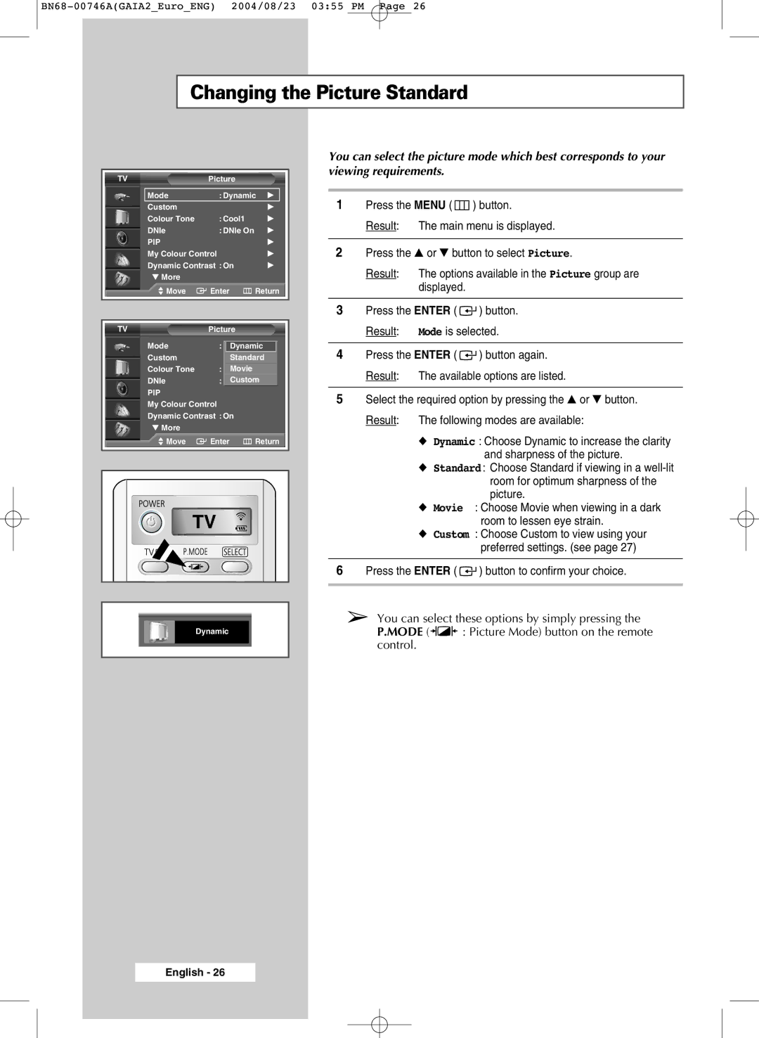 Samsung LW46G15W manual Changing the Picture Standard, Pip 