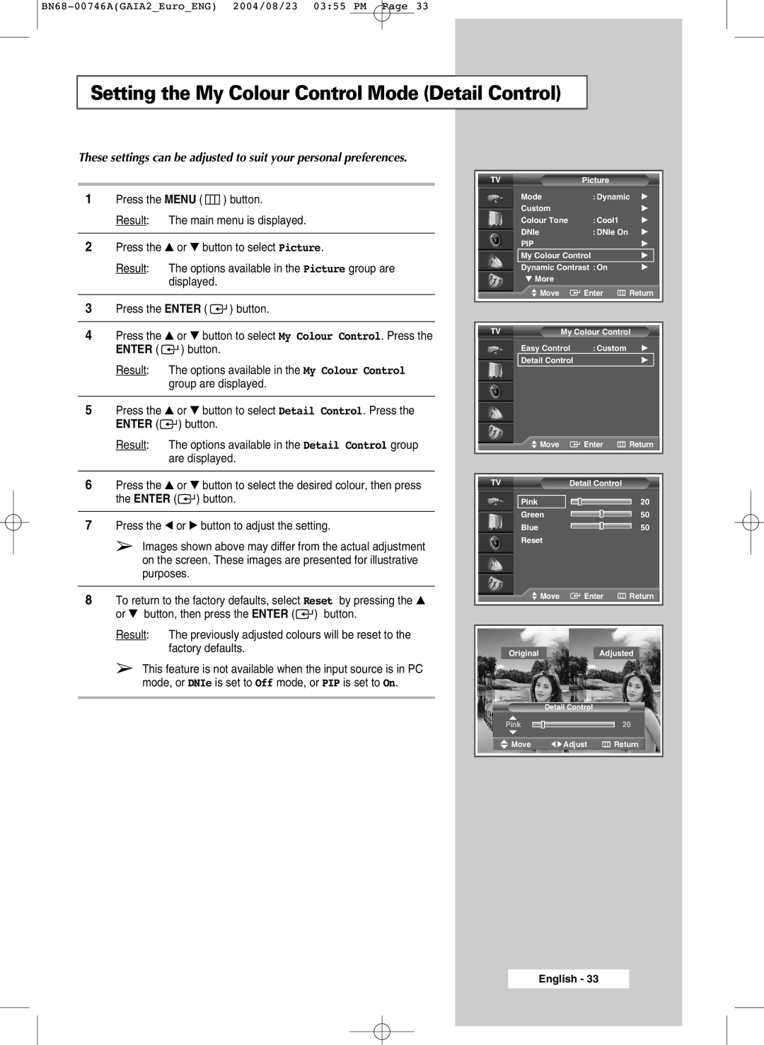 Samsung LW46G15W manual Setting the My Colour Control Mode Detail Control 