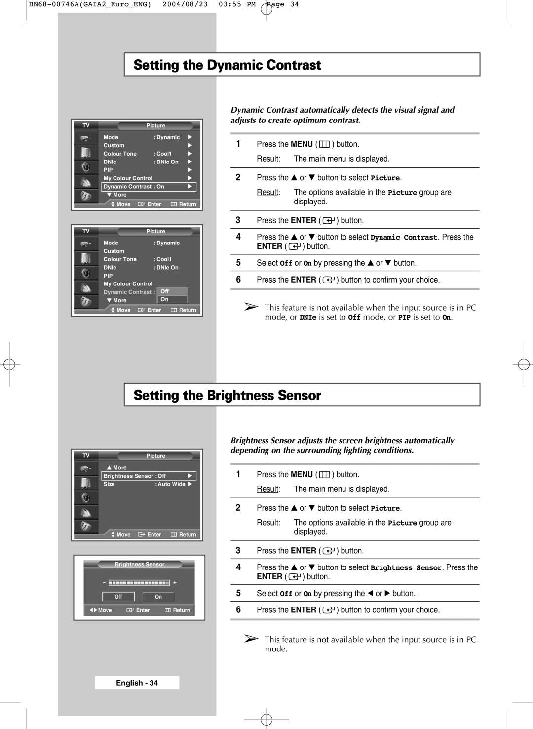 Samsung LW46G15W manual Setting the Dynamic Contrast, Setting the Brightness Sensor 