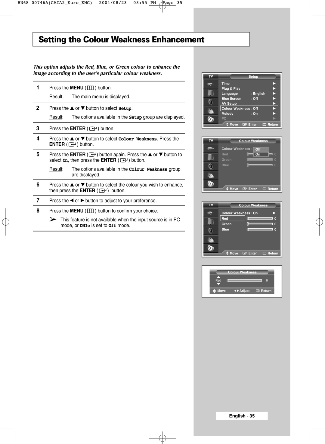 Samsung LW46G15W manual Setting the Colour Weakness Enhancement 