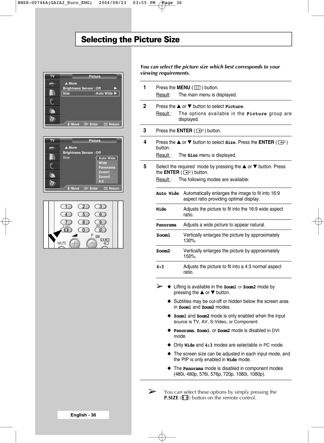 Samsung LW46G15W manual Selecting the Picture Size 