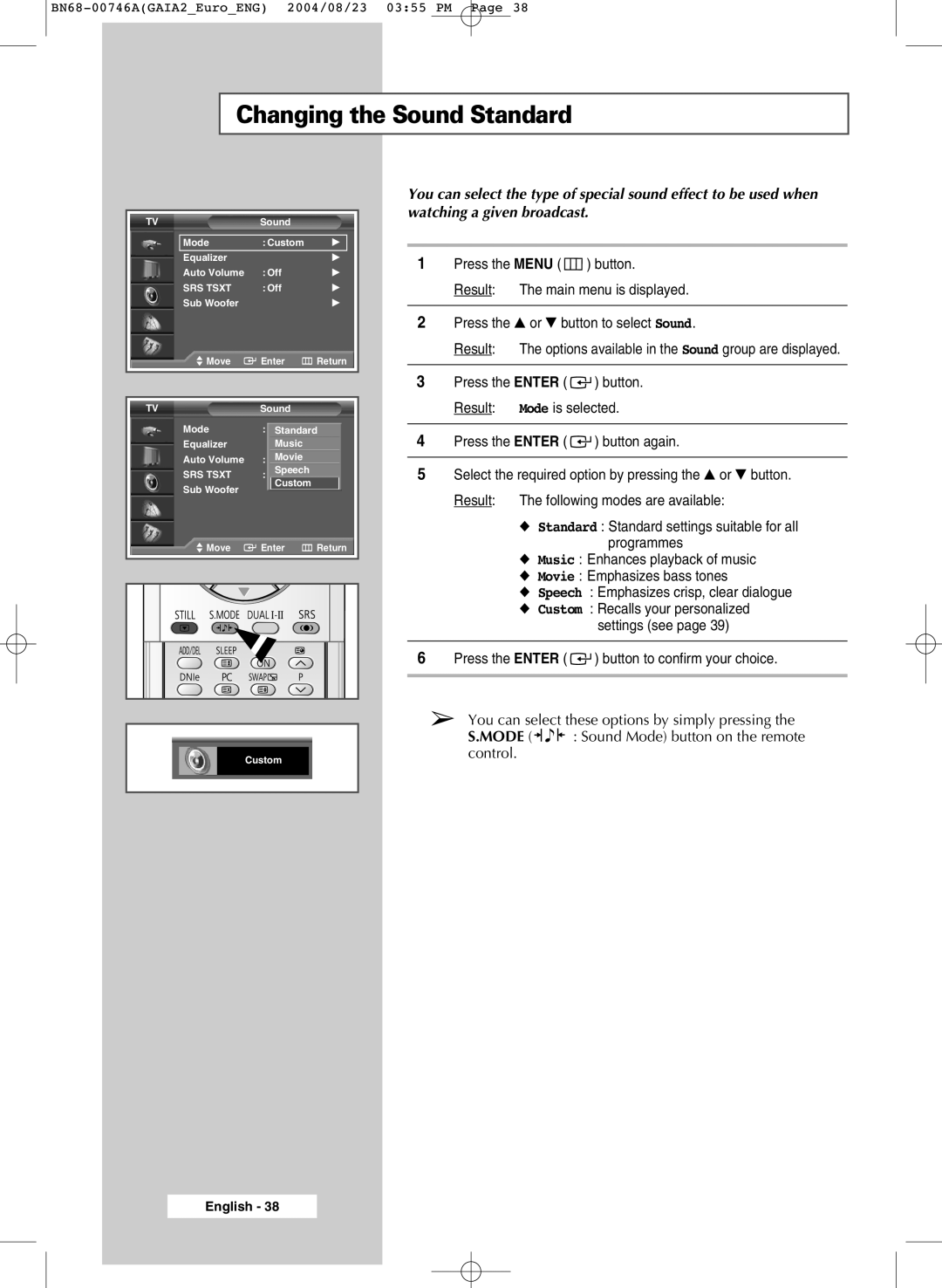 Samsung LW46G15W manual Changing the Sound Standard 