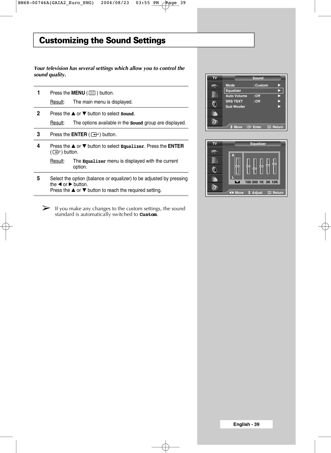 Samsung LW46G15W manual Customizing the Sound Settings 